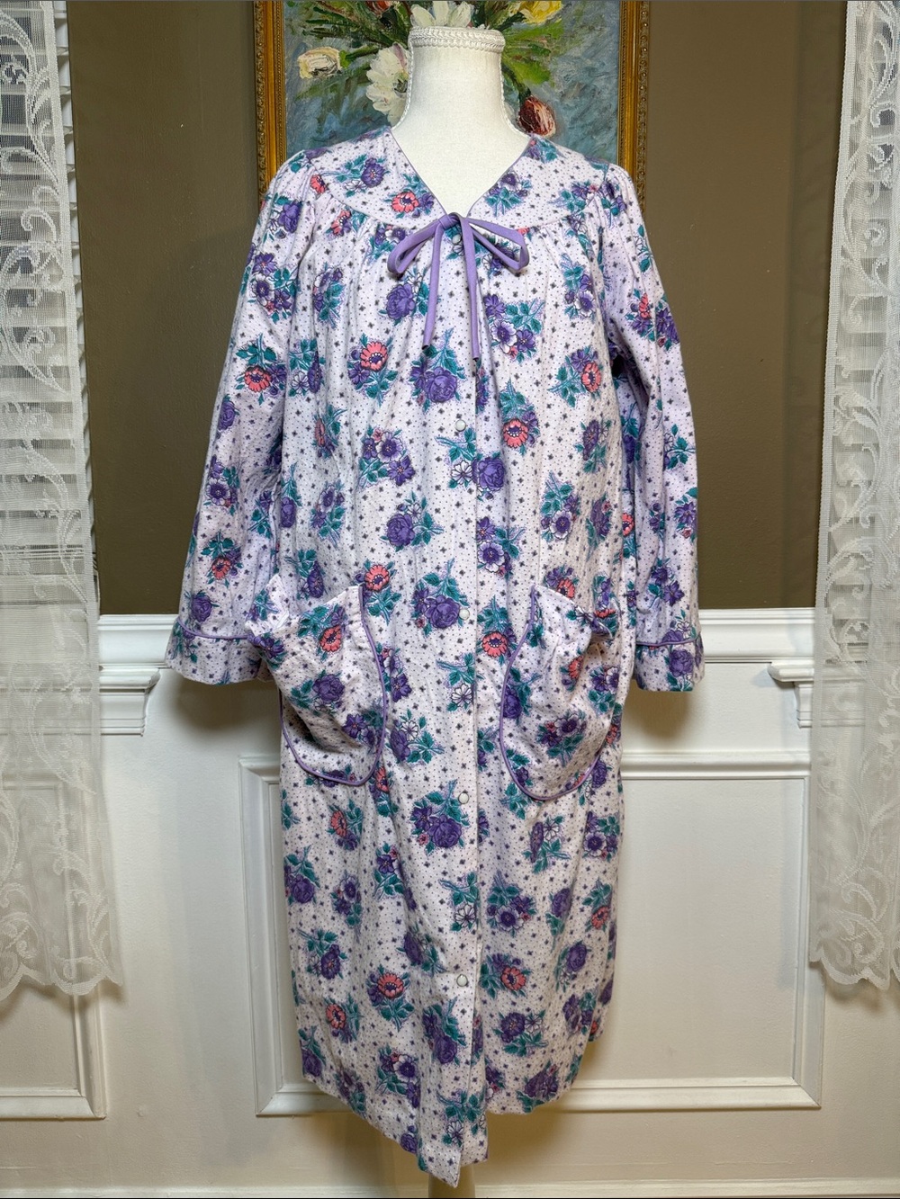 Vintage 80s 90s Breakfast Club Floral Cotton Fleece Nightgown M